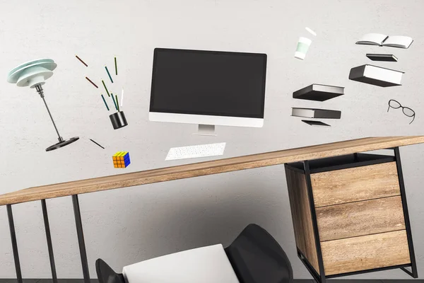 Minimalistic workplace interior with jumping computers — Stockfoto