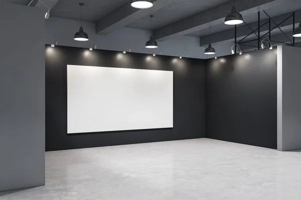 Minimalistic gallery interior with empty poster on black wall. — 스톡 사진