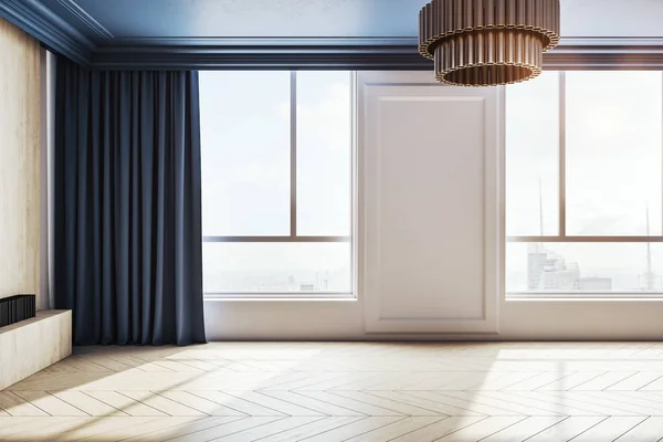 Aconchegante sala de estar interior com mobiliário e megapolis vista da cidade — Fotografia de Stock