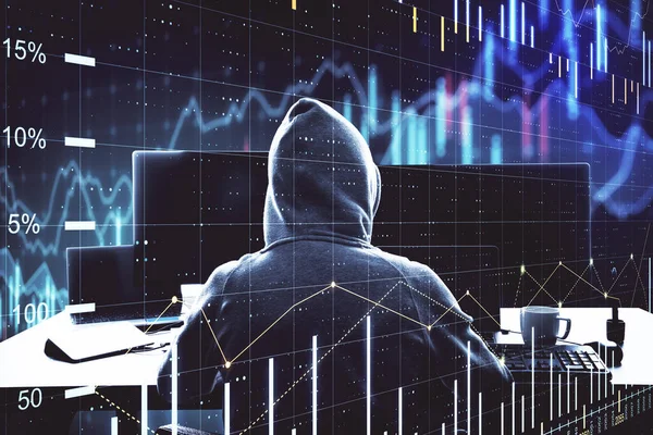Hacker sitting in office and using computer with chart — Stock Photo, Image