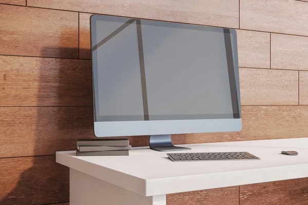 Designer desktop with empty black computer screen. — Stock Photo, Image