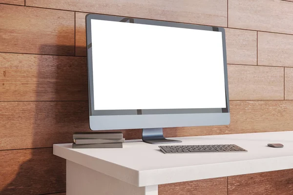 Designer desktop with empty white computer screen. — Stock Photo, Image