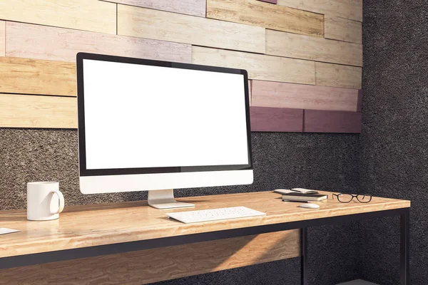 Blank computer monitor on wooden table — Stock Fotó