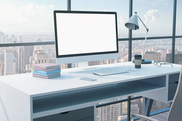 Modern office workplace with computer, supplies and coffee cup — 스톡 사진