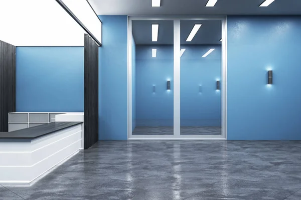 Moderno Escritório Azul Lobby Interior Com Recepção Conceito Local Trabalho — Fotografia de Stock