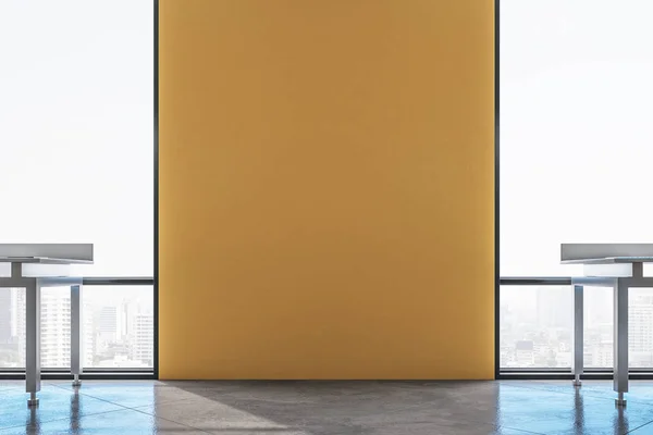 Gallery interior with blank yellow wall and city view. Gallery and presentation concept. Mock up, 3D Rendering