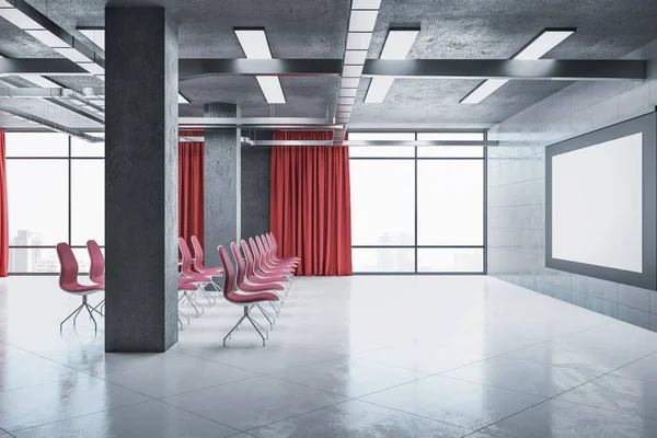 Modern interior of a presentation room with red chairs and blank screen. Conference and presentation concept. 3D Rendering