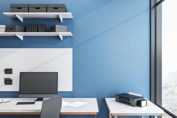 Minimalistisk Blå Arbetsplats Med Dator Bord Förnödenheter Och Hylla Med — Stockfoto