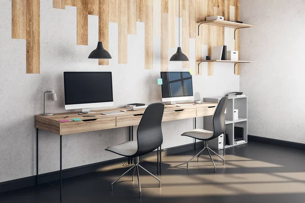 Coworking Designer Werkplek Met Twee Computer Sticker Blanco Scherm Werkruimte — Stockfoto