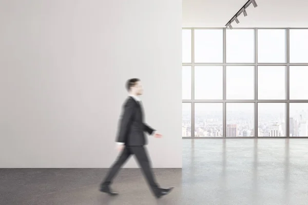 Businessman Walking Modern Interior Window Copy Space Wall Mock — Stock Photo, Image
