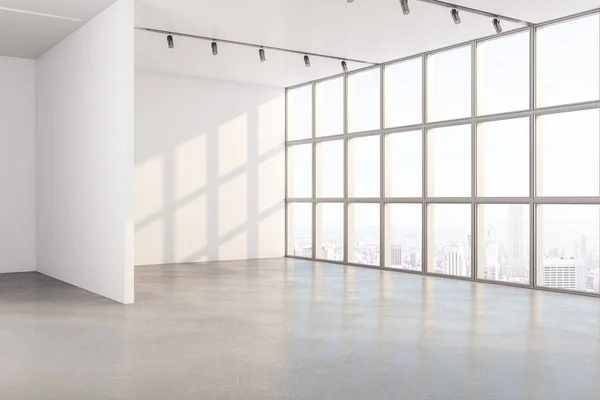 Minimalistisch Interieur Met Raam Kopieerruimte Witte Muur Megapolis Uitzicht Stad — Stockfoto