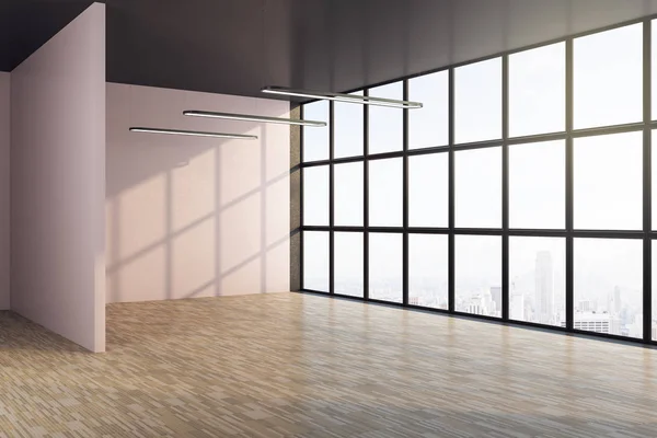 Clean interior room with window and blank wall. Art and design concept. Mock up, 3D Rendering