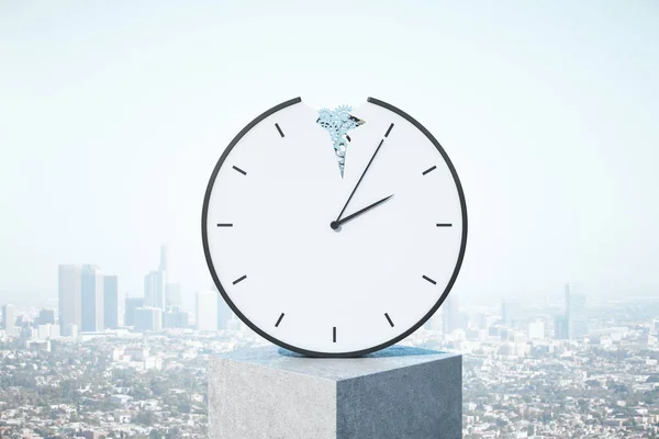 Creative gear cogwheel clock on concrete cube on city baclground. Time management and dial concept, 3D Rendering