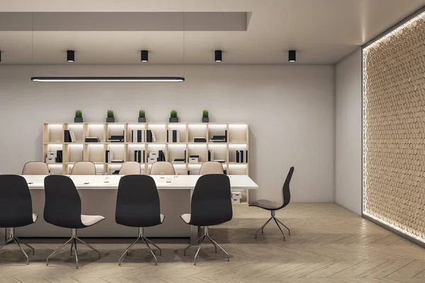 현대식 회의실 내부에 책꽂이가 팀워크의 개념입니다 렌더링 — 스톡 사진