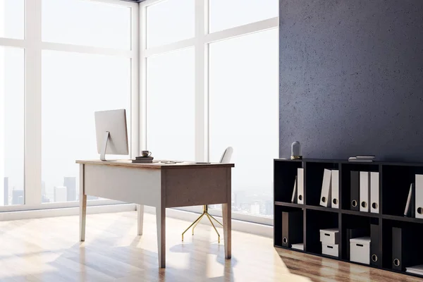 Luxury office interior with workplace, computer on table and  city view. Workplace and lifestyle concept. 3D Rendering