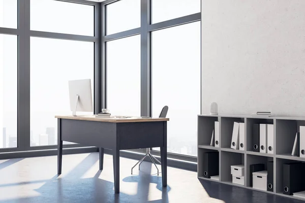 현대의 개방형 사무실 내부에 컴퓨터가 테이블에 대규모의 기업의 개념입니다 렌더링 — 스톡 사진