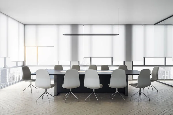 Clean meeting room interior with city view and daylight. 3D Rendering