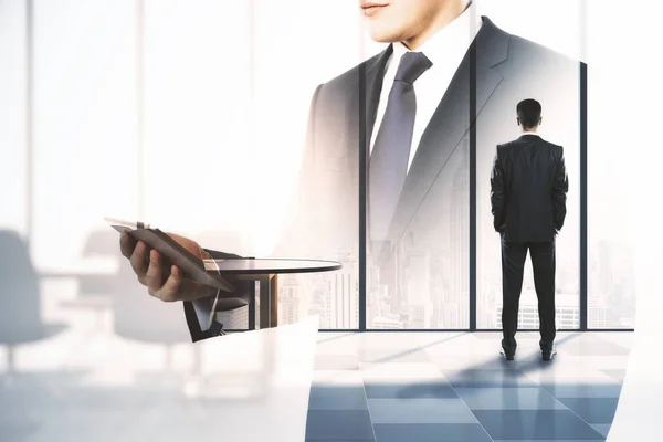 Businessman Meeting Room Double Exposure Businessman Using Digital Tablet Business — Stock Photo, Image