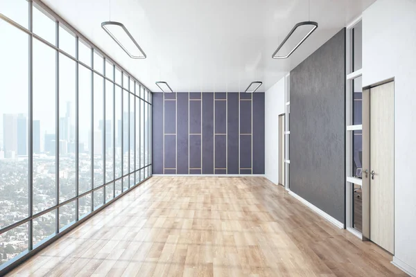 Minimalistic Empty Office Hall City View Daylight Wooden Floor Rendering — Stock Photo, Image