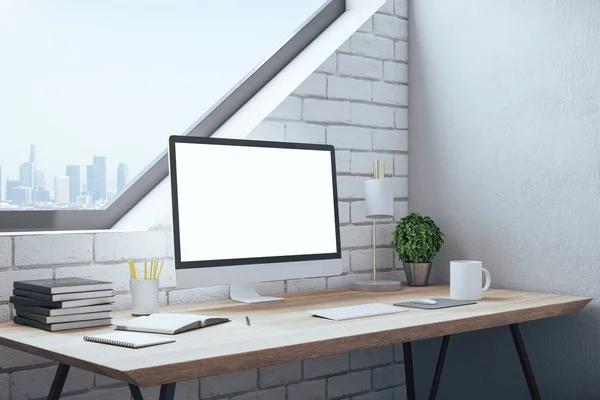 同时代的工作场所在家里的办公室里 桌上有一台电脑和其他附件 工作场所和生活方式的概念 3D渲染 — 图库照片