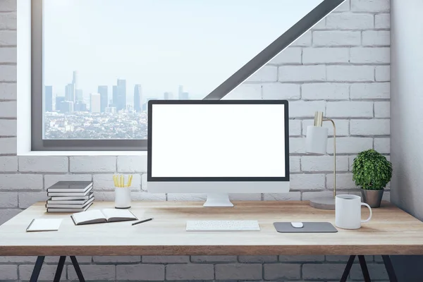 Local Trabalho Minimalista Home Office Com Acessórios Megapolis Vista Cidade — Fotografia de Stock