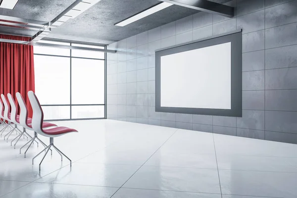 赤い椅子と空白の画面を備えたプレゼンテーションルームの最小限のインテリア 会議とプレゼンテーションのコンセプト 3Dレンダリング — ストック写真