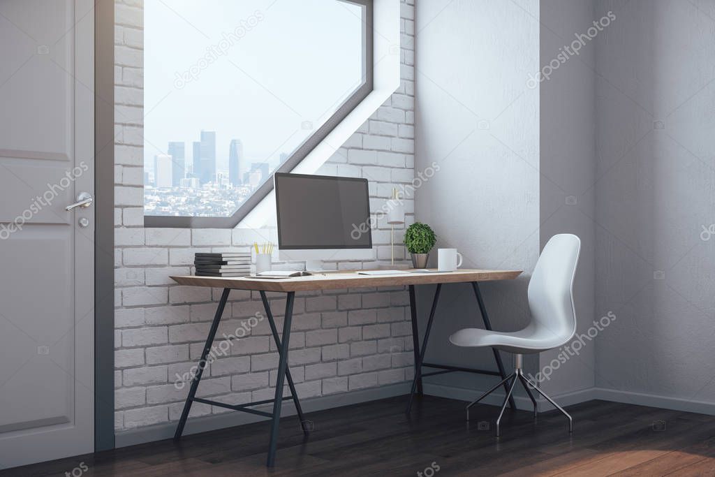 Contemporary workplace in home office with accessories and megapolis city view. Workplace and lifestyle concept. 3D Rendering