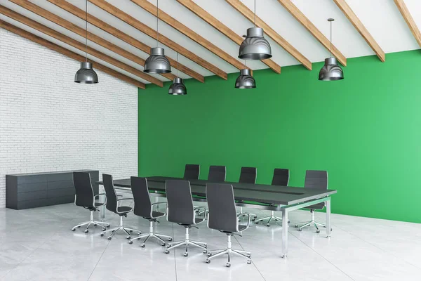 Minimalistic meeting room interior with blank green wall. Workplace and lifestyle concept. 3D Rendering