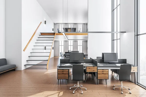 Contemporary Coworking Office Interior Furniture Daylight Workplace Concept Rendering — Stock Photo, Image