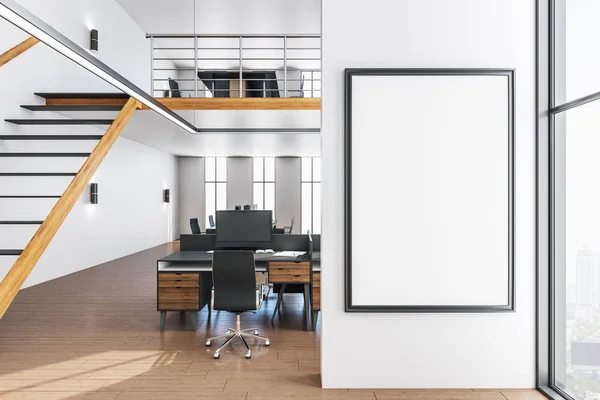 Saubere Coworking Büroeinrichtung Mit Möbeln Und Leerem Poster Der Wand — Stockfoto