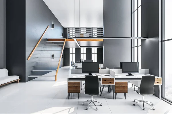 Contemporary office interior with computer monitor and supplies on desktop.  Workplace and corporate concept. 3D Rendering