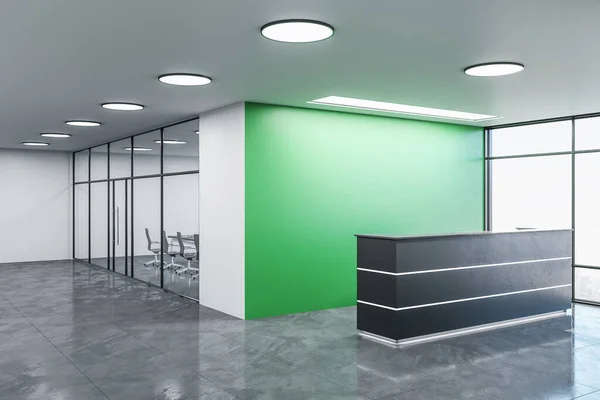 Luxury office lobby hall with reception desk and copy space on green wall. Mock up, 3D Rendering