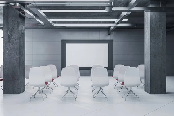 Modern presentation room with chairs and blank projector screen. Conference and presentation concept. 3D Rendering