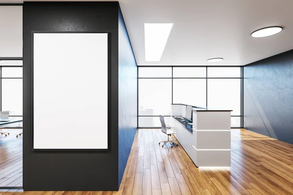 现代写字楼 有接待处 墙上有空白海报 工作场所和生活方式的概念 3D渲染 — 图库照片