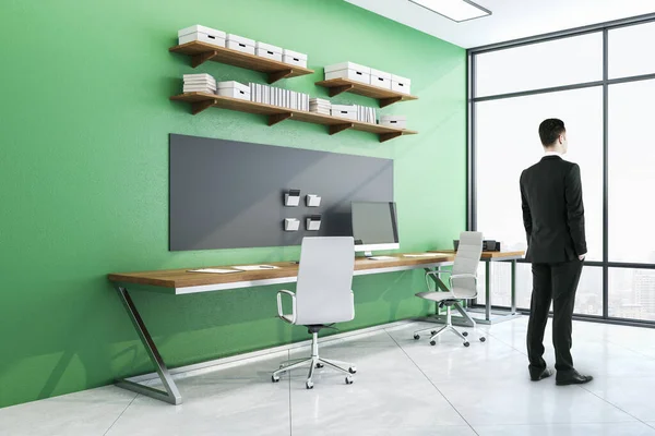 Businessman Standing Contemporary Workplace Computer Table City View Workplace Lifestyle — Stock Photo, Image