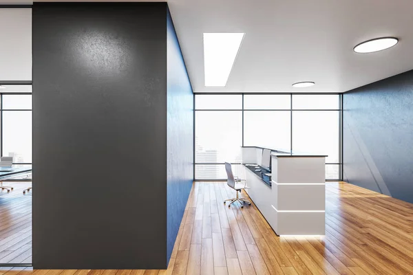 现代写字楼 有接待处 蓝墙上有复制空间 工作场所和生活方式的概念 3D渲染 — 图库照片