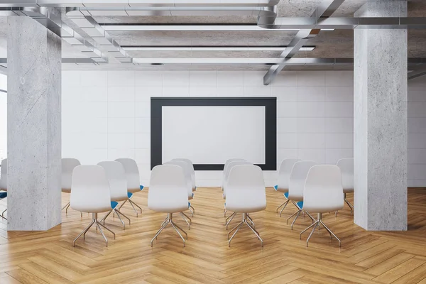 Sala Interior Apresentação Limpa Com Cadeiras Brancas Tela Branco Conceito — Fotografia de Stock
