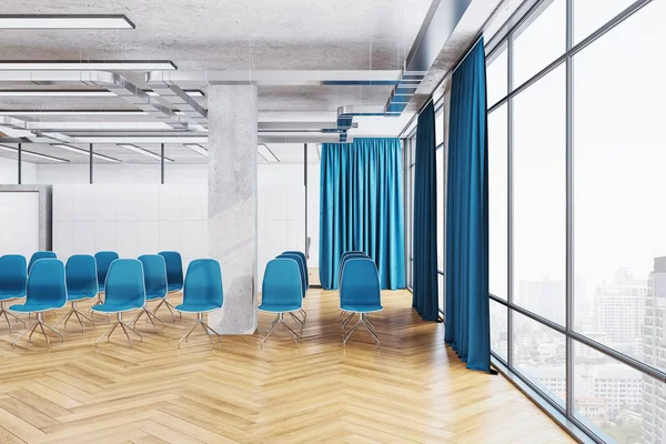 Sala Interior Presentación Limpia Con Sillas Azules Vistas Ciudad Concepto —  Fotos de Stock