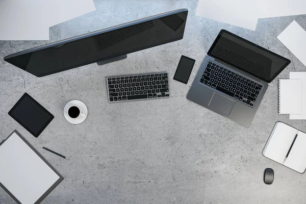 Κάτοψη Του Σύγχρονου Designer Desktop Υπολογιστή Laptop Και Εξοπλισμό Γραφείου — Φωτογραφία Αρχείου