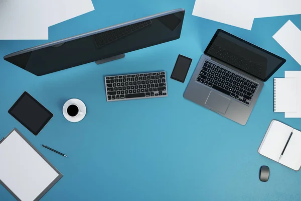 コンピュータ ラップトップ オフィス機器とデザイナーデスクトップのトップビュー 職場とライフスタイルの概念 3Dレンダリング — ストック写真