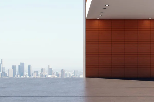 Interior Concreto Moderno Com Parede Vermelha Branco Vista Para Cidade — Fotografia de Stock