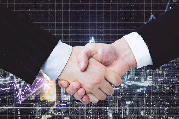 Side View Handshake Glowing Night City Background Forex Chart Teamwork — Stock Photo, Image