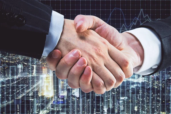 Businessmen Handshake Blurry City Background Forex Chart Teamwork Finance Concept — ストック写真