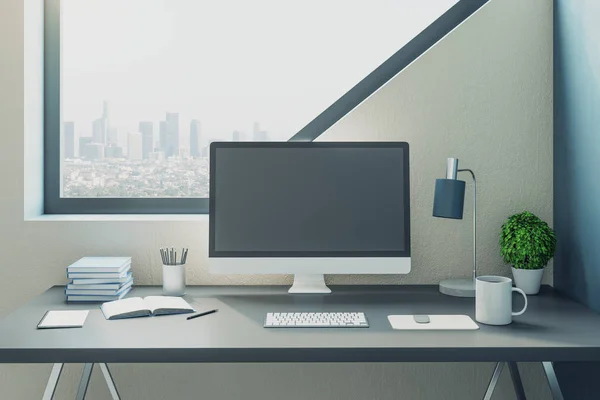 Bureau Minimaliste Avec Ordinateur Sur Table Grandes Fenêtres Lumineuses Avec — Photo