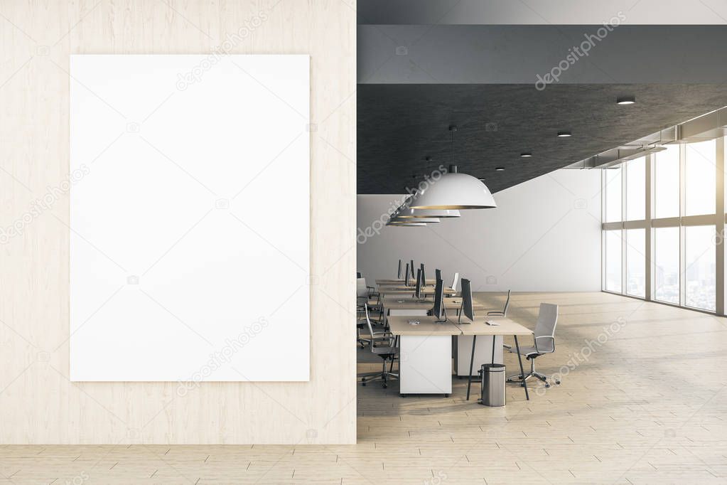 Modern office interior with blank poster on wall. Workplace and lifestyle concept. Mock up, 3D Rendering