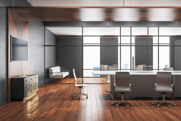 Modern Conference Room Interior Blank Screen Panoramic City View Sunlight — Fotografie, imagine de stoc