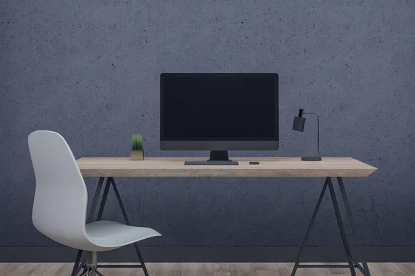 Designer desktop with empty black computer screen. Workplace and lifestyle concept. Mock up, 3D Rendering