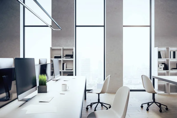 Intérieur Bureau Avec Ordinateur Vue Panoramique Sur Ville Rendu — Photo