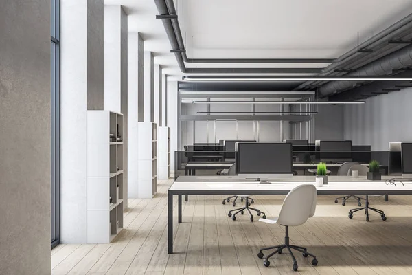 木製の床と明るい街の景色と現代のコワーキング オフィスのインテリア 職業と労働者の概念 3Dレンダリング — ストック写真