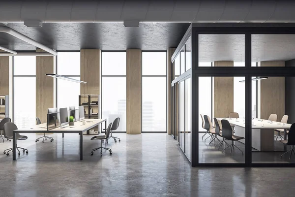 Birou Modern Coworking Interior Cameră Calculatoare Vedere Oraș Conceptul Loc — Fotografie, imagine de stoc